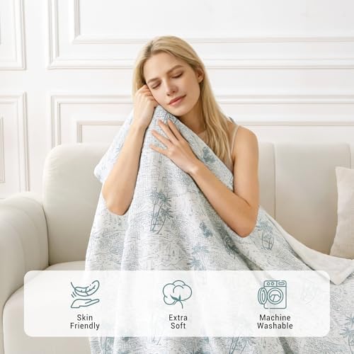 Viviland Cotton Blanket Muslin Blankets for Adult Reversible Flannel, Gifts for Women, Cozy and Soft for All Seasons, Home Decor Throw for Sofa, Chair, Coastal Toile, 50x70 inches - Image 5