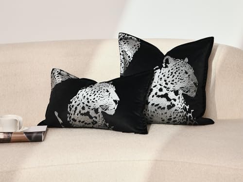 Velvet Lumbar Pillow Covers 12x20'' inches, Handmade Embroidered Cheetah Face Throw Pillow Case, Luxury Soft Decorative Cushion Cover for Sofa Bed Couch Living Room(Silver) - Image 2