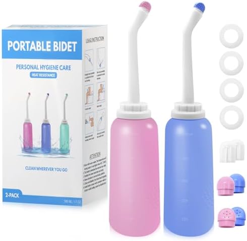 Peri Bottle Postpartum, RUFCRIL 2-Pack 500ml Bidet Bottle, Upside Down Peri Bottle, Boilable TPE, Travel Bag, for Perineal Care, Hemorrhoid Care, Feminine Cleansing & Baby (Pink/Blue) by RUFCRIL