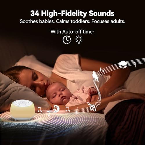 HEYAXA White Noise Sound Machine with 7 Colors Night Light 34 Soothing Sounds, Portable Sound Machine for Baby Adults Kids Sleep with 30 Volume Levels 4 Timers Adjustable Brightness (White) - Image 6