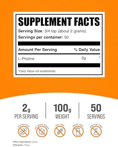 BulkSupplements.com L-Proline Powder - Proline Supplements, Amino Acid Powder - Unflavored & Gluten Free, 2g per Serving, 100g (3.5 oz) (Pack of 1) - Image 2