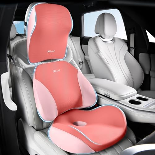 FLORICH Car Seat Cushion & Lumbar Support Pillow & Car Neck Pillow Ergonomic and 100% Memory Foam, Upgraded Larger and Breathable Car Seat Cushion & Back Support Pillow - Pink by FLORICH