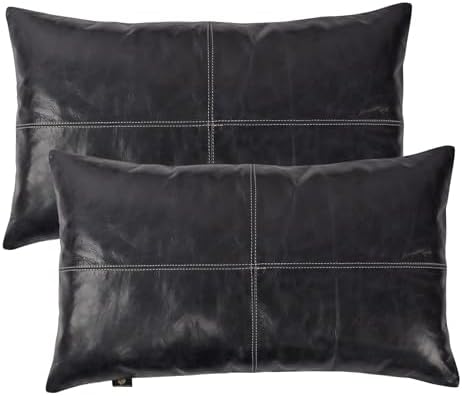 LL LEATHER LOVERS 100% Lambskin Leather Pillow Cover - Sofa Cushion Case - Decorative Throw Covers for Living Room & Bedroom, Ink Blue Plain Pack of 2-16X24 Inch by LLLEATHERLOVERS