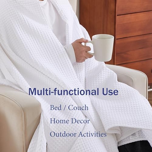100% Egyptian Cotton Waffle Weave Throw Blanket for Bed Couch Sofa Home Decor, Soft Lightweight Bed & Couch Blanket for All Seasons (White - King Size - 104 * 90") - Image 6