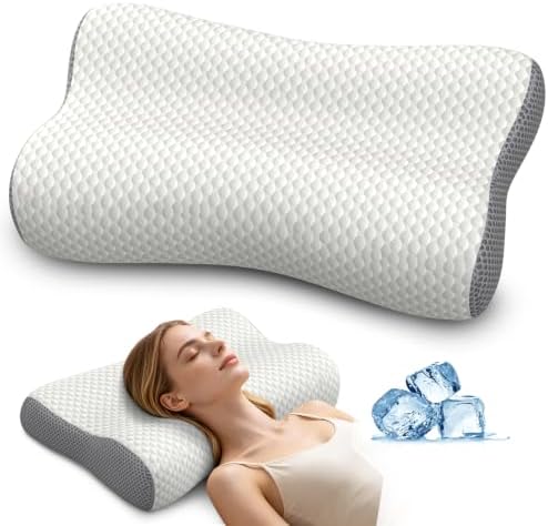 Cervical Neck Pillow for Pain Relief, Contour Memory Foam Pillows for Sleeping, Ergonomic Pillow Orthopedic Cooling Pillow Bed Pillow Neck Support for Side Back Stomach Sleepers (Off White&Gray) by Polovo