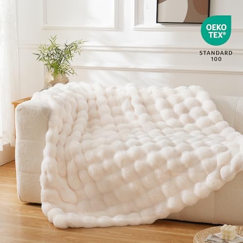 BENVWE Faux Fur Throw Blanket for Couch Bed - Fluffy Soft Thick Bubble Blanket for Living Room Home Decor - Mothers Day Birthday Gifts for Women, Cream White, 63" x 80" - Image 2