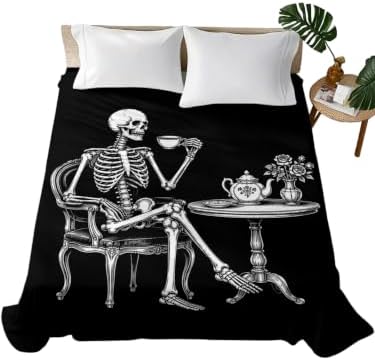 Halloween California King Flat Sheet Skeleton Sitting Tea Time Flat Sheets Only Soft Bedding Top Sheets Hotel Quality Tea Cup Funny Skull Cal King Bed Sheet for All Season Bedroom Dorm Halloween Decor by LooPoP