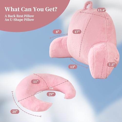 17" Reading Pillow for Bed,U Shaped Arm & Elbow Support,Pink Faux Fur - Image 3