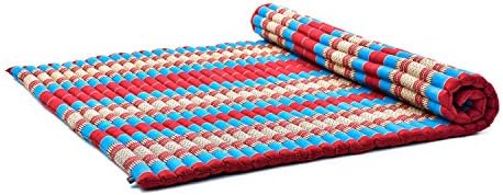 Leewadee - Foldable Floor Mattress - Japanese Roll Up Futon -Trifold Tatami Mat- Guest Floor Bed - Camping Mattress - Thai Massage Mat, Kapok Filled, 75 x 57 inches, Blue Red by Leewadee