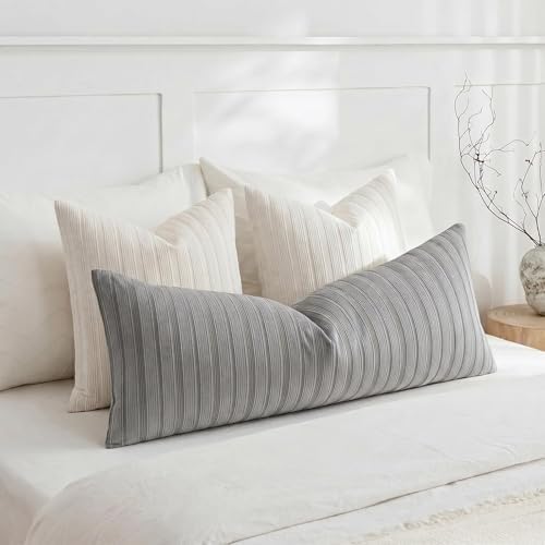 DEZENE 14x36 Grey Lumbar Pillow Covers Soft Striped Corduroy Modern Neutral Rectangular Long Body Pillow Cases for Couch Sofa Bedroom Living Room Home Decor - Image 4