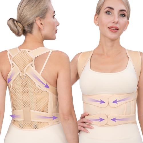 Back Brace Posture Corrector for Women & Men, Adjustable Full Back Support, Shoulder Straightener for Upper & Lower Back Pain Relief-Scoliosis, Hunchback, Waist Trainer (Small, Beige) by Unknown