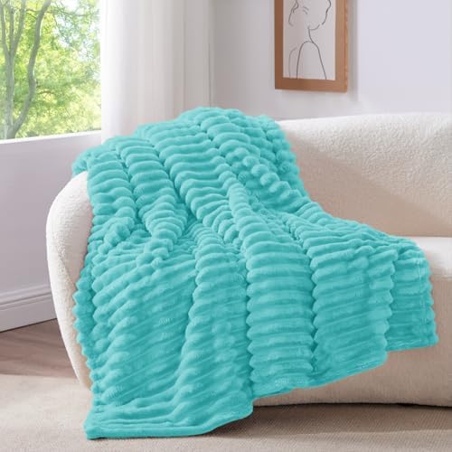 BEDELITE Ribbed Twin Blanket for Couch & Bed, Aqua, 60"x80" - Image 2