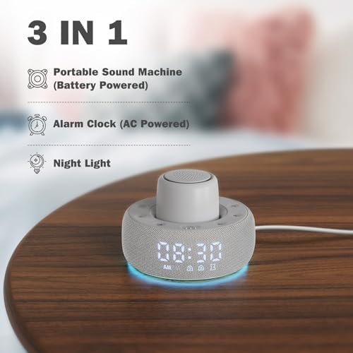 White Noise Machine with Smart Alarm Clock, 25 Soothing Sounds, Portable Sleep Sound Machine Aid for Baby, Kids, Adults, Office, Dimmable Timer, 7 Night Light Colors for Privacy Bedroom, Gray - Image 2