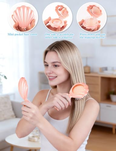 8 Pcs Foldable Travel Shell Hair Brush with Mirror - Image 6