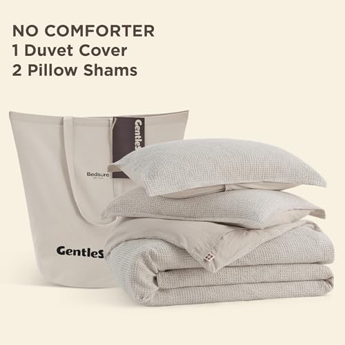 Bedsure PureWoven Space-Dyed Cotton Waffle Duvet Cover Set, King, Linen - Image 7
