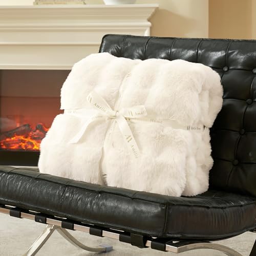 Amélie Home Faux Fur Throw Blanket for Bed, Ultra Soft Fuzzy Plush Bubble Blanket for Bedroom & Bed Decor, 90"x90", Cream White - Image 3