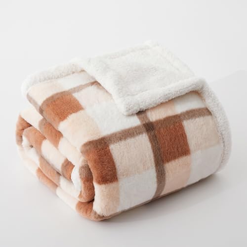 PU MEI Super Soft Faux Rabbit Fur Sherpa Fleece Throw Blanket, Reversible Luxury Cozy Cute Furry Blanket, Plush Warm Shaggy Fluffy Checkered Blankets for Sofa Couch Bed (Beige-Plaid, 60" x 80") - Image 7