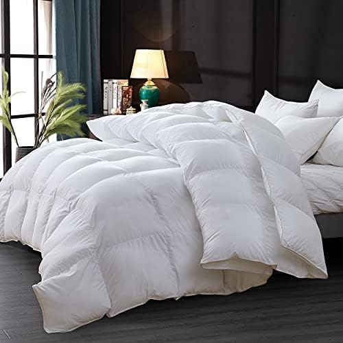 Luxurious All-Season Goose Down Feather Fiber Comforter King Size Duvet Insert, Premium White Solid Plain Design, Premium Baffle Box, 100% Egyptian Cotton, 80 oz Fill Weight - Image 3