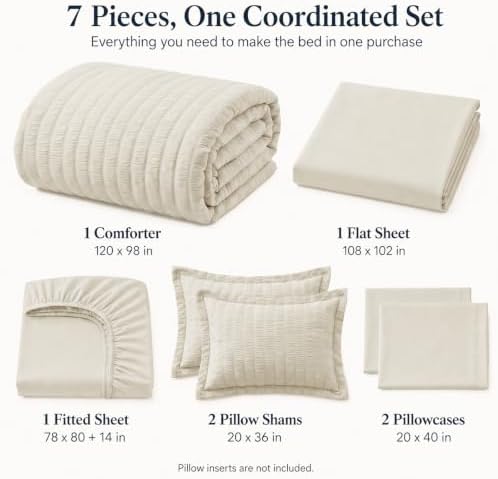 CozyLux Oversized King Comforter Set 120x98 in, 7-Piece Oatmeal Seersucker - Image 2