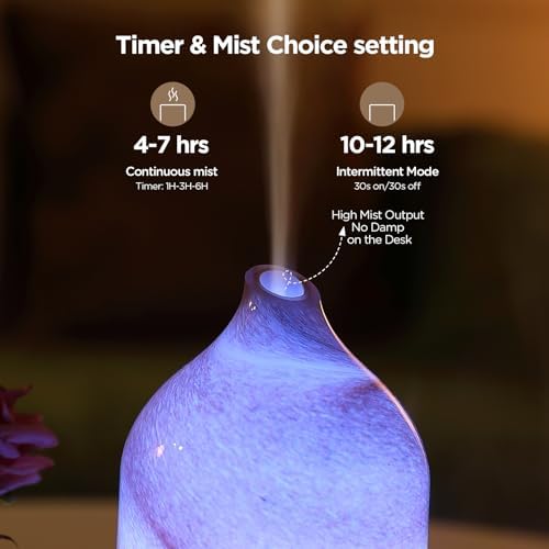 Essential Oil Diffuser Hand Blown Glass Aromatherapy Diffuser - Ultrasonic Cool Mist Scent Aroma Diffuser, Whisper Quiet with Auto Shut-Off, Timer Setting &7 Colors Night Light for Home - Image 4
