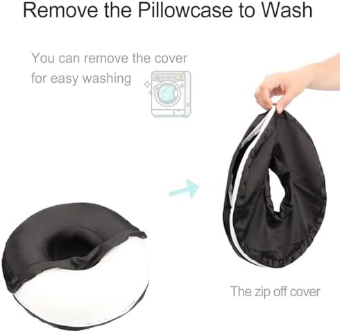 Washable Silky Satin Ear Piercing Pillow with Removable Pillowcase Smooth Cooling Donut Pillows Hole for Ear Pain Relief CNH Sleeping Pressure Sore Side Sleepers Ear Guard Protector, Black - Image 2