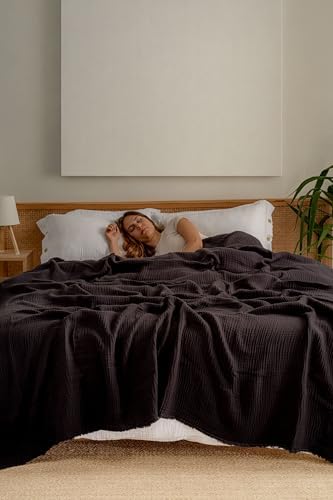 Muslin Blanket - Pure 100% Turkish Cotton Airy Soft Light Versatile Gauze Throw Blanket for Bed, Couch, Sofa (Black, Queen XL Size (95" x 95" inch)) by RAYMETEKSTIL