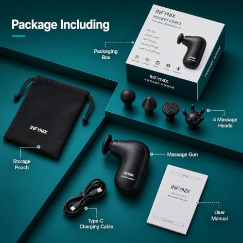 Pocket Force Mini Massage Gun - Portable Handheld Percussion Massage Gun, 4 Heads, 4 Speeds (800–2400 RPM), 6.5mm Deep Tissue, USB Charging, Travel Size Muscle Massager for Pain Relief - Image 2