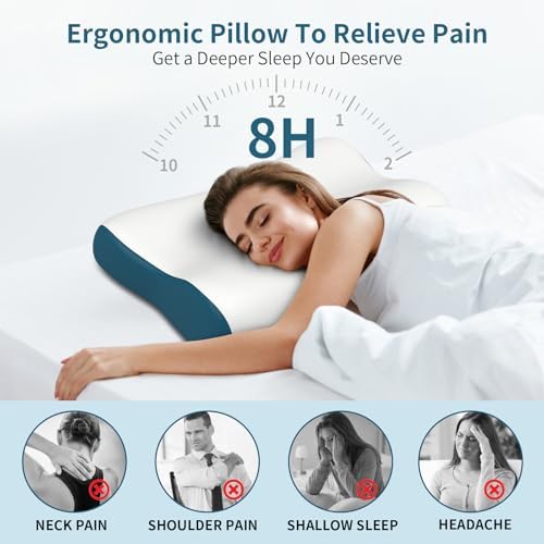 Cervical Neck Pillow for Pain Relief, Contour Memory Foam Pillows for Sleeping, Ergonomic Pillow Orthopedic Cooling Pillow Bed Pillow Neck Support for Side Back Stomach Sleepers(White&Blue) - Image 3