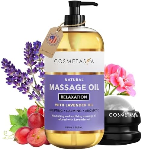 Cosmetasa Lavender Massage Oil for Massage Therapy with Roller - All Natural, Cruelty-Free & Spa Quality Skin Therapy Oil & Soothing Care - Lavender, Geranium & Grapeseed Oil (8.8 oz) by Cosmetasa