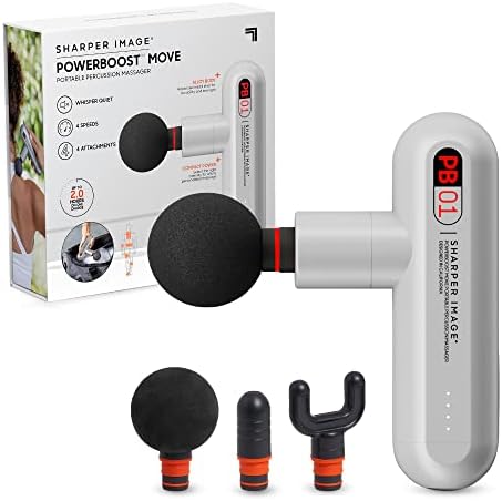 Sharper Image Powerboost Move - Mini Percussion Massage Gun| 4 Attachments, 4 Speeds, FSA Eligible| Full Body Back & Shoulder Massager| Deep Tissue Muscle Recovery| Portable Pain Relief Massage Tool by SHARPERIMAGE