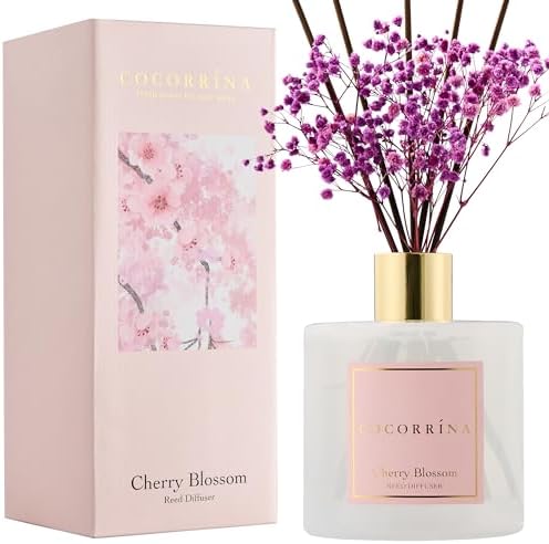 COCORRÍNA Reed Diffuser - Cherry Blossom 17 Fl.oz Reed Diffuser with 8 Sticks Scented Diffuser with Preserved Flowers for Bathroom Home Decor by COCORR%C3%8DNA