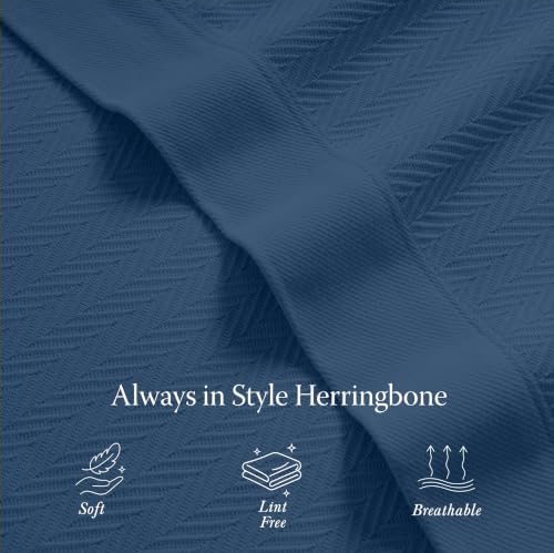 Threadmill Luxury 100% Cotton Twin Herringbone Blanket, Folkstone Blue - Image 4