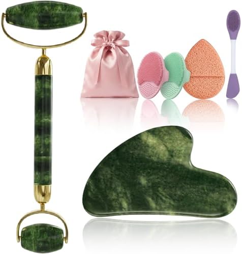 Rena Chris Gua Sha and Face Roller Set: Face Skin Care Tools with Facial Cleansing Brush, 2 Silicone Scrubber Pads & Face Sponge, Travel Bag, Self Care Gift by RenaChris
