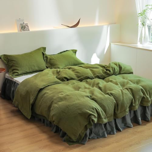 Simple&Opulence 100% Linen Duvet Cover Set with Embroidery Border Washed - 3 Pieces (1 Duvet Cover & 2 Pillow Shams) with Button Closure Soft Breathable Farmhouse - Olive, Queen Size - Image 5