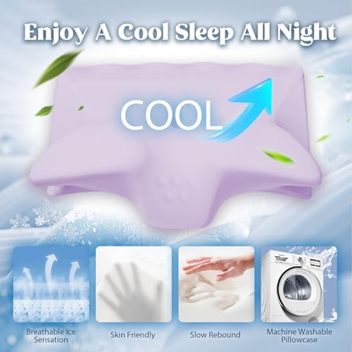 Cooling Contour Memory Foam Pillows Support Odorless Ergonomic Neck Pillow Adjustable Orthopedic Bed Pillow for Side Back Stomach Sleeper Cervical Pillow for Neck Pain Relief,with Pillowcase,Purple - Image 3