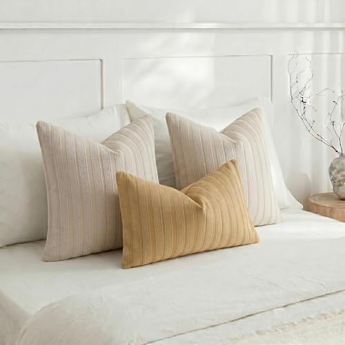 DEZENE 26x26 Taupe Throw Pillow Covers Pack of 2 Soft Striped Corduroy Square Neutral Pillow Cases for Couch Sofa Bedroom Living Room Home Decor - Image 6