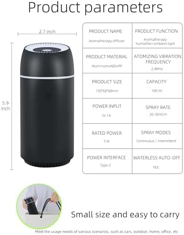 Car Diffuser for Essential Oils Portable Mini Ultrasonic Mist Humidifier 100ml USB Aromatherapy Diffuser Freshener with Colorful Lights for Small Space Home Office Bedroom (Black) - Image 6
