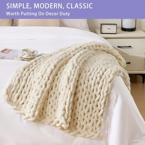 Bigacogo Chunky Knit Throw Blanket for Couch, 40x40 inches, Beige - Image 3