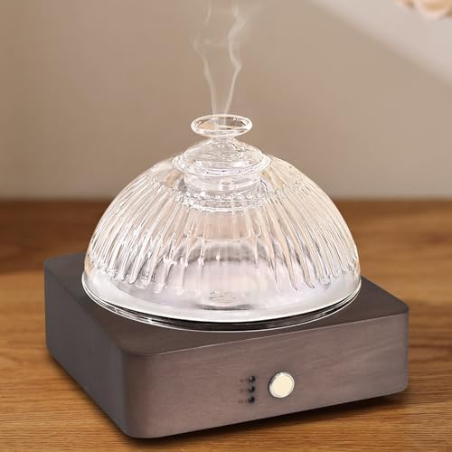Lecdura Glass Essential Oil Diffuser with Glass Reservoir & WoodBase, 200ml Ultrasonic Lock Color Timer Auto-Off 7 Color Light Aroma Glass Dome Diffuser for Home Office Bedroom Yoga - Dark Brown by Lecdura