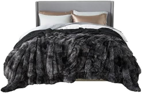 Bedsure Faux Fur Fluffy Sherpa Fleece Queen Blanket Tie Dye Black 60"x80" by BEDSURE