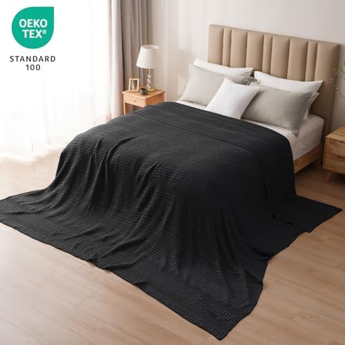 PHF 100% Cotton Waffle Weave Blanket Oversized King for Bed 120"x120"- Giant Big Lightweight Blanket 10'x10' for Bed Sofa - Aesthetic Extra Large Washed Cotton Soft Blanket - Black - Image 5