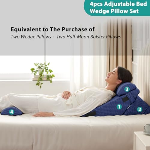 Bedluxe Adjustable 4pcs Bed Wedge Pillow Set, Memory Foam Wedges Pillow Post Surgery for Back, Neck, Leg Pain Relief, Pillows Wedge for Sleeping, Sitting up in Bed, Acid Reflux and GERD, Navy Blue - Image 6