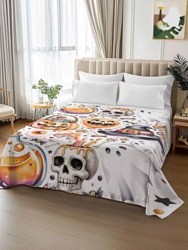 Halloween California King Flat Sheet Candy Pumpkin Flat Sheets Only Soft Bedding Top Sheets Hotel Quality Witch Hat Eyeball Skull Ghost Cal King Bed Sheet for All Season Bedroom Dorm Halloween Decor - Image 2