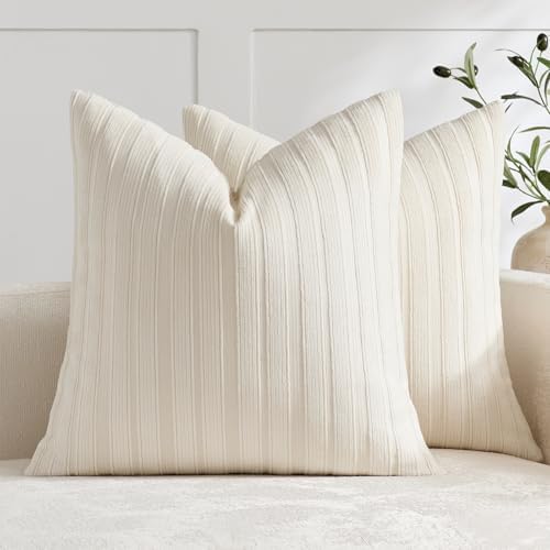 DEZENE 24x24 Cream Throw Pillow Covers Pack of 2 Soft Striped Corduroy Square Farmhouse Pillow Cases for Couch Sofa Bedroom Living Room Home Decor by DEZENE