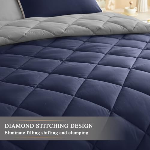 120x98 Oversized King Comforter,Super King Size Comforter Oversized, All Season Soft Lightweight Quilt Down Alternative Duvet Insert with 8 Corner Tabs, Navy/Grey - Image 5