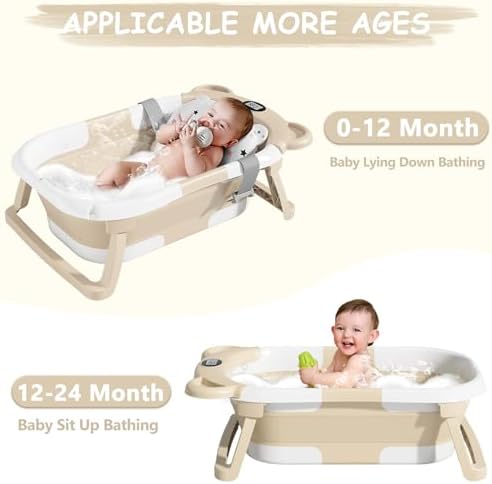 MoreFeel Collapsible Baby Bathtub for Newborn with Thermometer & 1 Hooded Towel & 1 Soft Floating Cushion,Portable Travel Bathtub with Drain Hole, Durable Foldable Baby Tubs for Infants to Toddler - Image 4