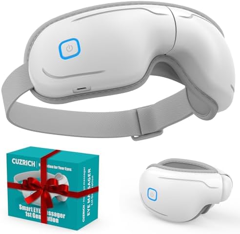 Eye Massager with Heat and Compression - Classic White Heated Eye Mask with Vibration, Bluetooth Music, 6 Modes, Rechargeable 1200mAh Battery for Eye Strain, Dry Eyes, Migraines Relief by cuzrich