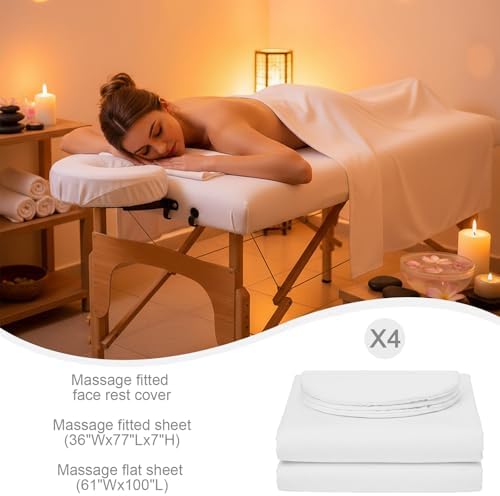 Oudain 4 Sets 3 Piece Soft Microfiber Massage Table Sheets Set Bulk Includes Massage Flat Sheet and Fitted Sheet and Face Rest Cover(White) - Image 2