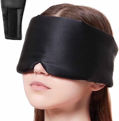 Nature Silk Sleeping Mask Soft Featherweight Eye Mask Large Wrap-Around Blindfold with Adjustable Velcro Blackout for Wild Sleeper Nose Cut (Black) by SOLZEK