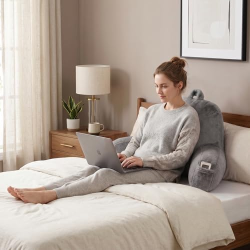 Soft Reading Pillow for Bed with Arms,Middle,Gray,Faux Fur - Image 2